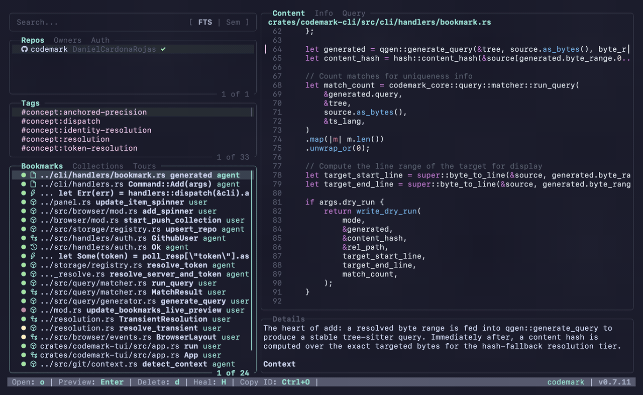 Browsing bookmarks in the Codemark TUI: navigating panes, previewing resolved code, and switching collections