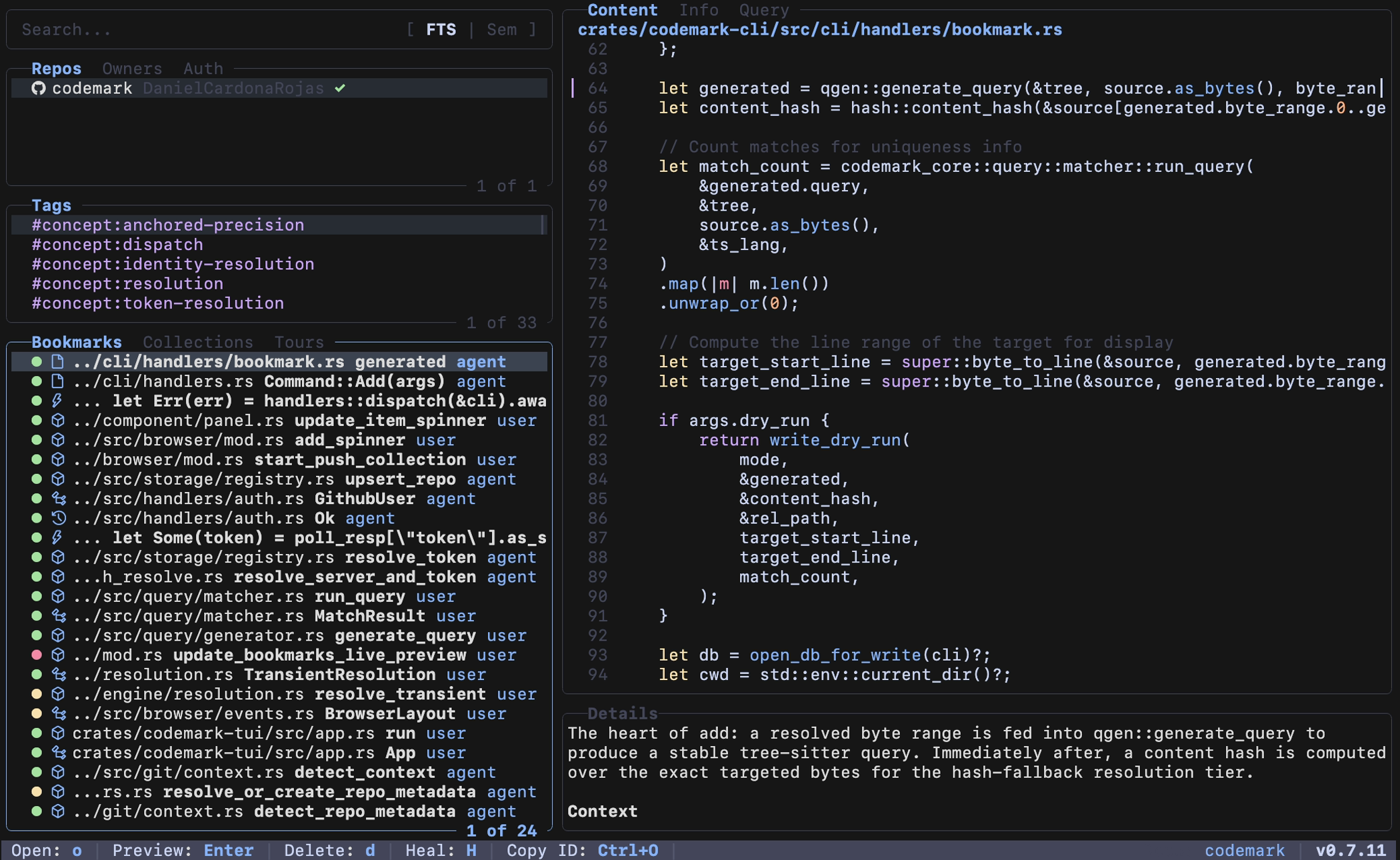 Codemark TUI with the Catppuccin Mocha theme