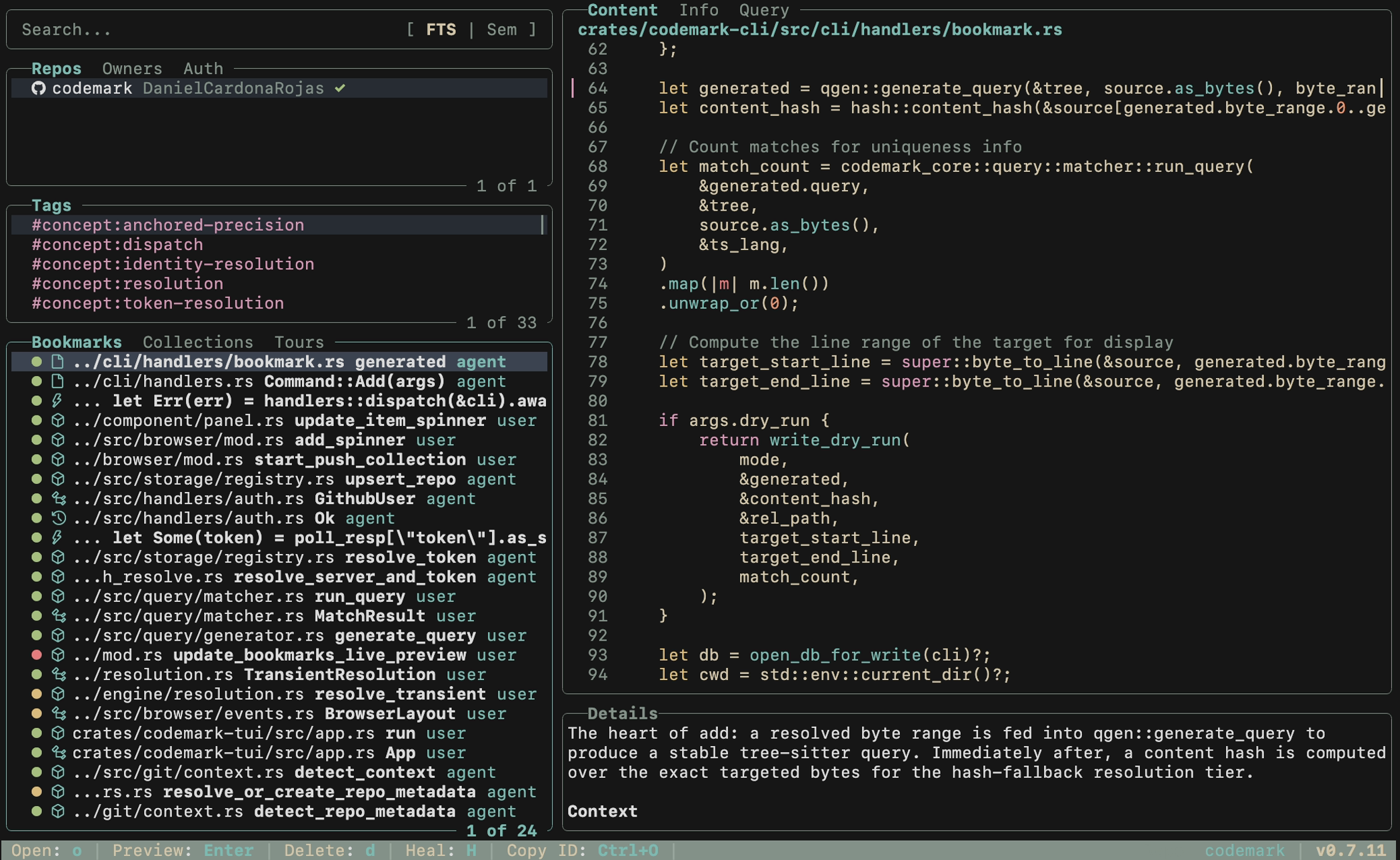 Codemark TUI with the Everforest Dark theme